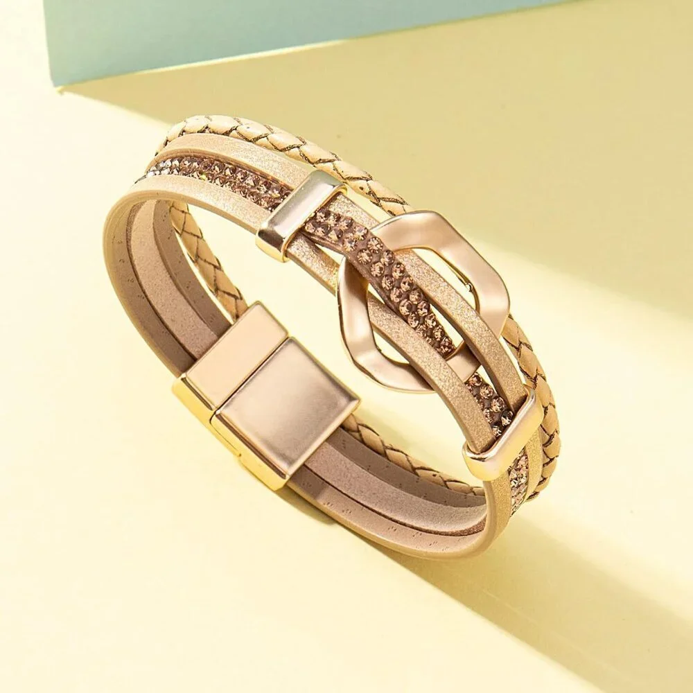 Leather Wrap Bracelet Multi-Layer Cuff Rhinestone Boho Jewelry Gift